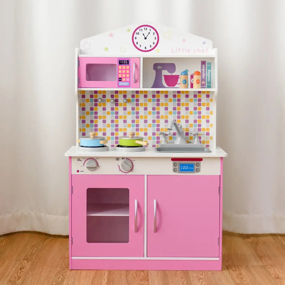 Kids Wooden Pretend Cooking Playset Cookware Play Set Kitchen Toys Toddler Gift-Pink - Pink - Play Kitchen Sets