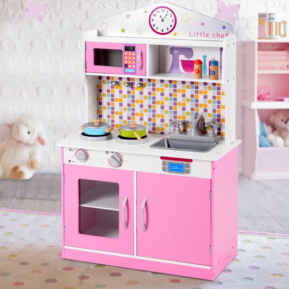 Kids Wooden Pretend Cooking Playset Cookware Play Set Kitchen Toys Toddler Gift-Pink - Pink - Play Kitchen Sets