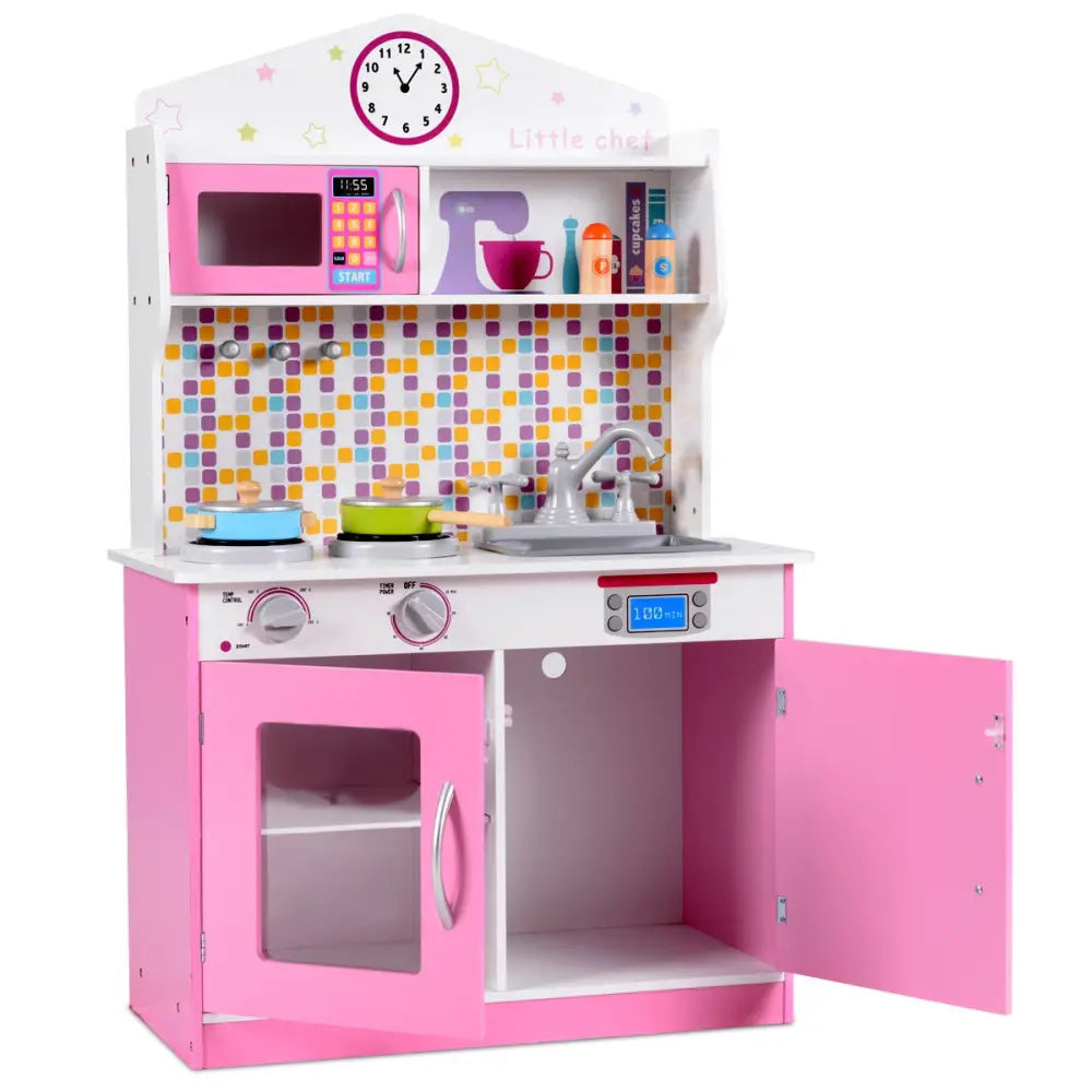 Kids Wooden Pretend Cooking Playset Cookware Play Set Kitchen Toys Toddler Gift-Pink - Pink - Play Kitchen Sets
