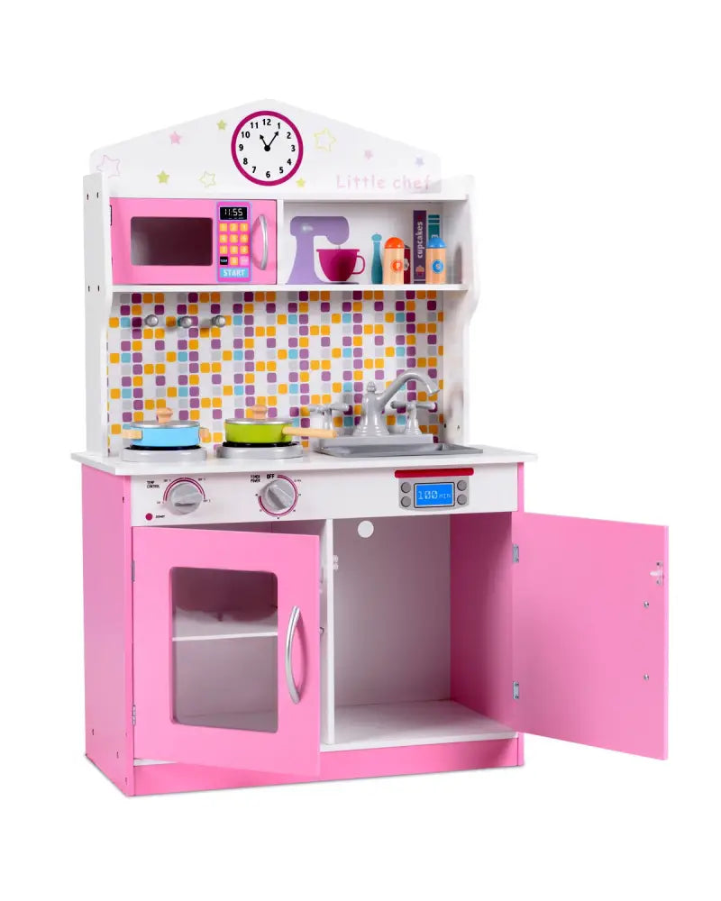 Kids Wooden Pretend Cooking Playset Cookware Play Set Kitchen Toys Toddler Gift-Pink - Pink - Play Kitchen Sets