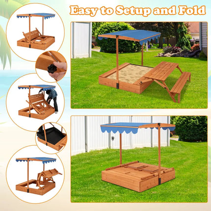 Kids Wooden Sand Box with Foldable Picnic Sensory Table and Bench-Natural - Natural - Outdoor Play