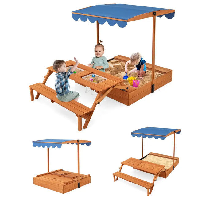 Kids Wooden Sand Box with Foldable Picnic Sensory Table and Bench-Natural - Natural - Outdoor Play