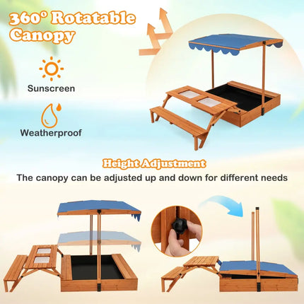 Kids Wooden Sand Box with Foldable Picnic Sensory Table and Bench-Natural - Natural - Outdoor Play