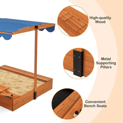 Kids Wooden Sand Box with Foldable Picnic Sensory Table and Bench-Natural - Natural - Outdoor Play