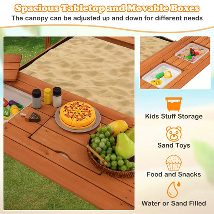 Kids Wooden Sand Box with Foldable Picnic Sensory Table and Bench-Natural - Natural - Outdoor Play