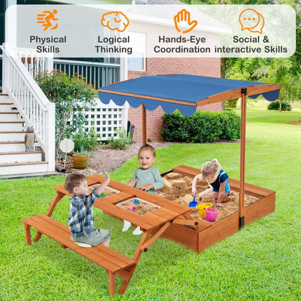 Kids Wooden Sand Box with Foldable Picnic Sensory Table and Bench-Natural - Natural - Outdoor Play