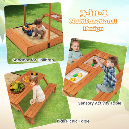 Kids Wooden Sand Box with Foldable Picnic Sensory Table and Bench-Natural - Natural - Outdoor Play