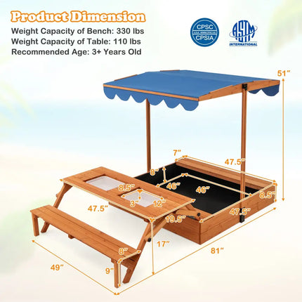 Kids Wooden Sand Box with Foldable Picnic Sensory Table and Bench-Natural - Natural - Outdoor Play
