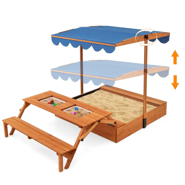 Kids Wooden Sand Box with Foldable Picnic Sensory Table and Bench-Natural - Natural - Outdoor Play