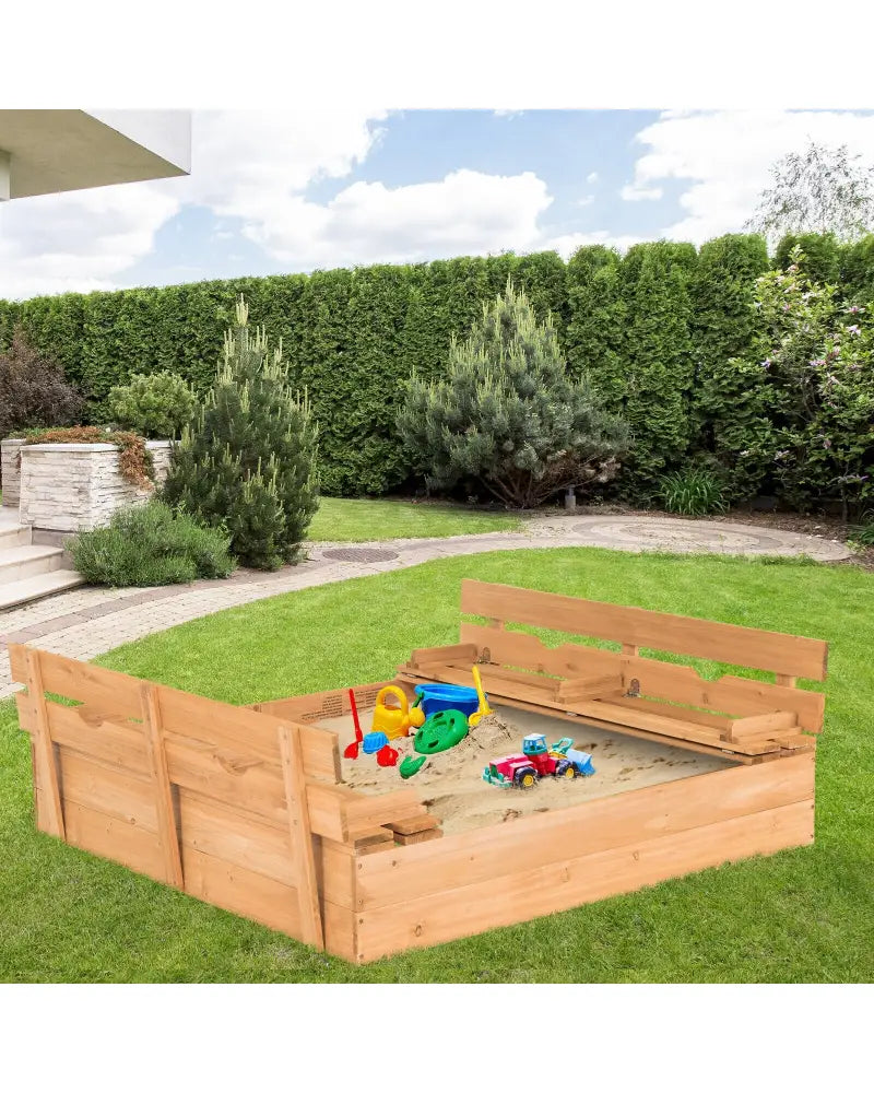 Kids Wooden Sandbox with 2 Foldable Bench Seats - Brown - Sandboxes