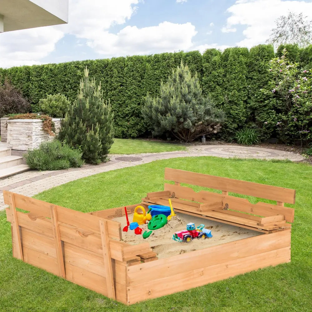Kids Wooden Sandbox with 2 Foldable Bench Seats - Brown - Sandboxes