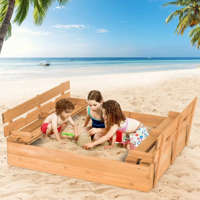 Kids Wooden Sandbox with 2 Foldable Bench Seats - Brown - Sandboxes