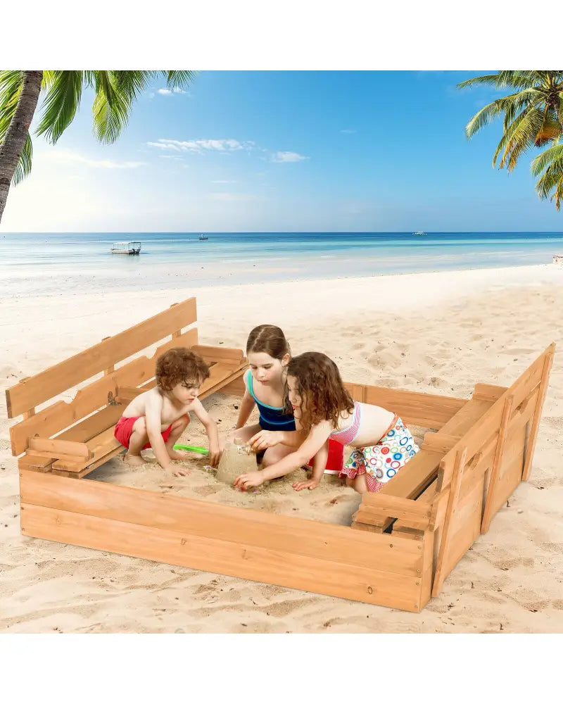 Kids Wooden Sandbox with 2 Foldable Bench Seats - Brown - Sandboxes