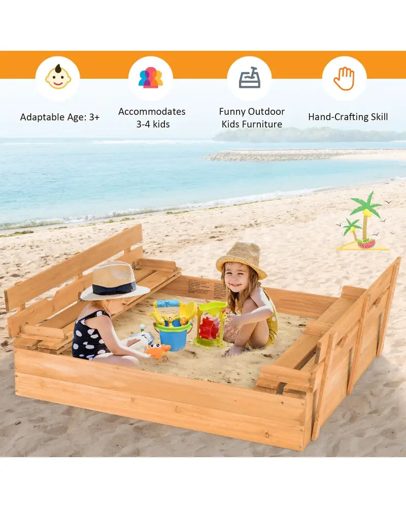 Kids Wooden Sandbox with 2 Foldable Bench Seats - Brown - Sandboxes