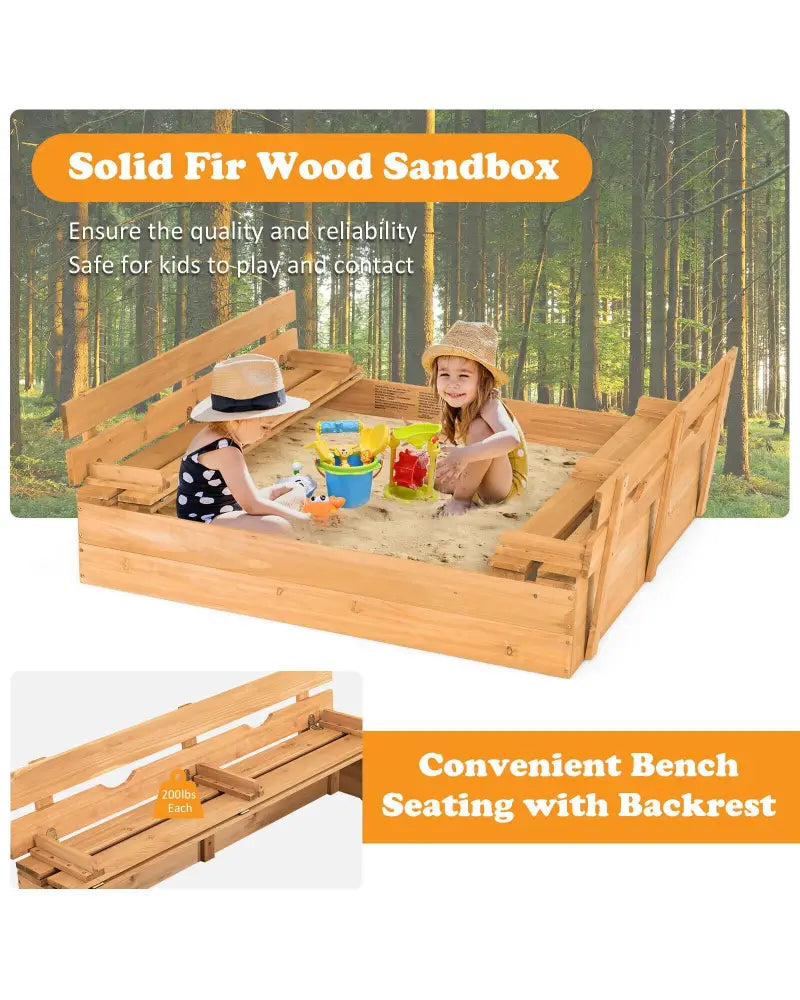 Kids Wooden Sandbox with 2 Foldable Bench Seats - Brown - Sandboxes