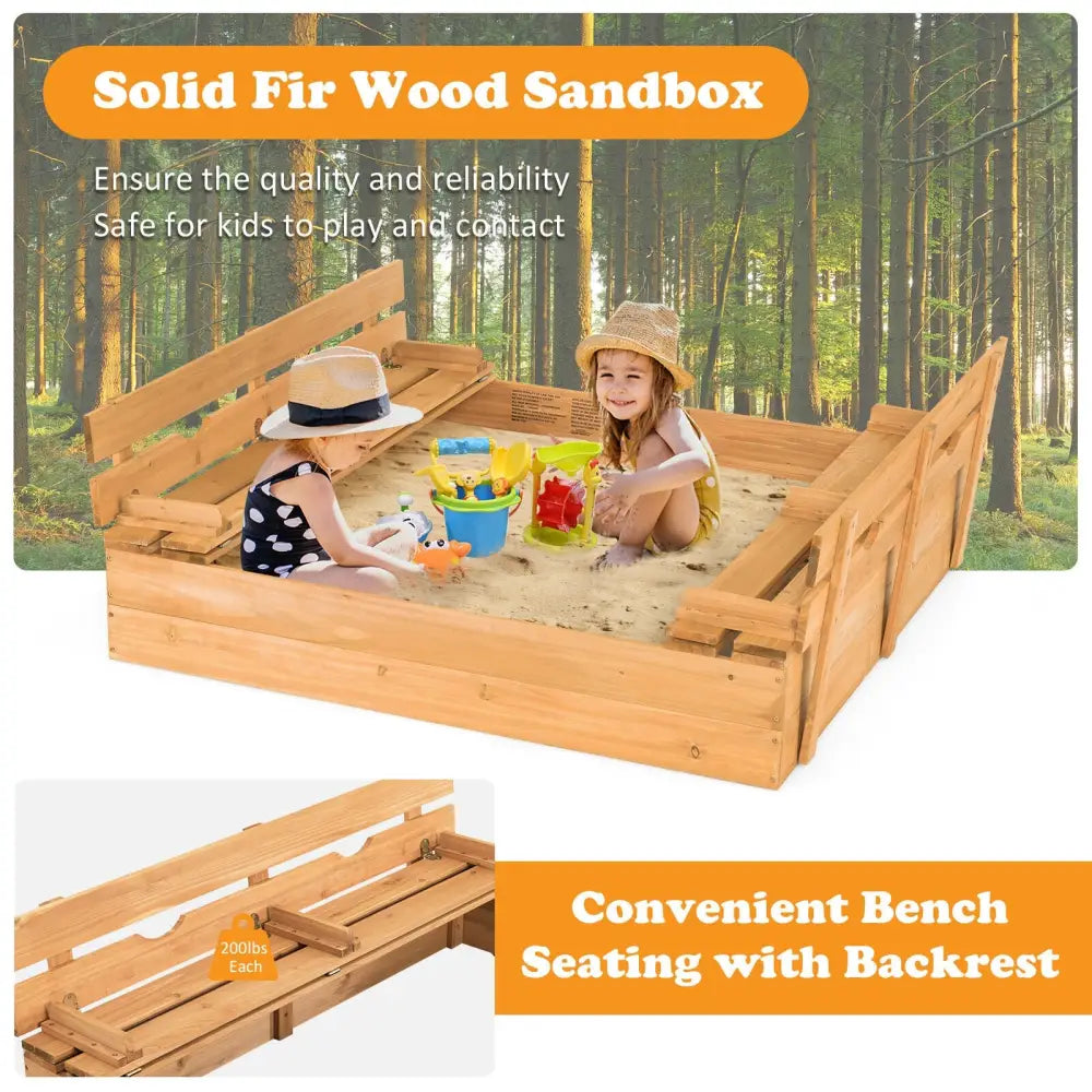 Kids Wooden Sandbox with 2 Foldable Bench Seats - Brown - Sandboxes