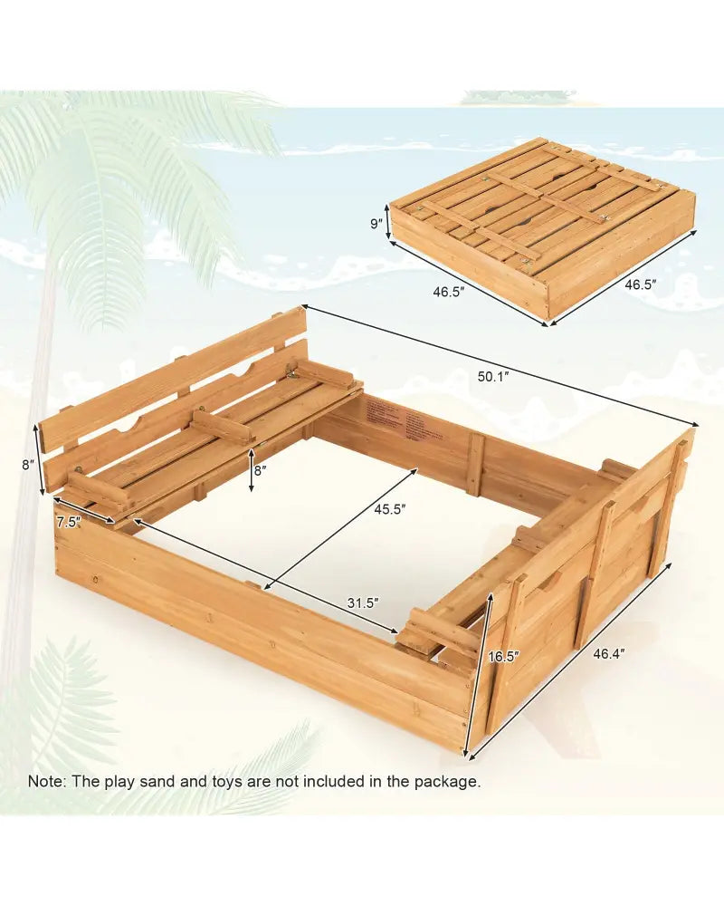 Kids Wooden Sandbox with 2 Foldable Bench Seats - Brown - Sandboxes