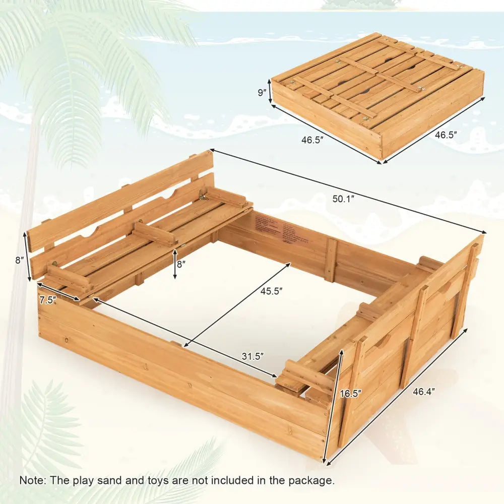 Kids Wooden Sandbox with 2 Foldable Bench Seats - Brown - Sandboxes