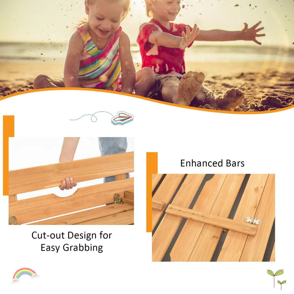 Kids Wooden Sandbox with 2 Foldable Bench Seats - Brown - Sandboxes