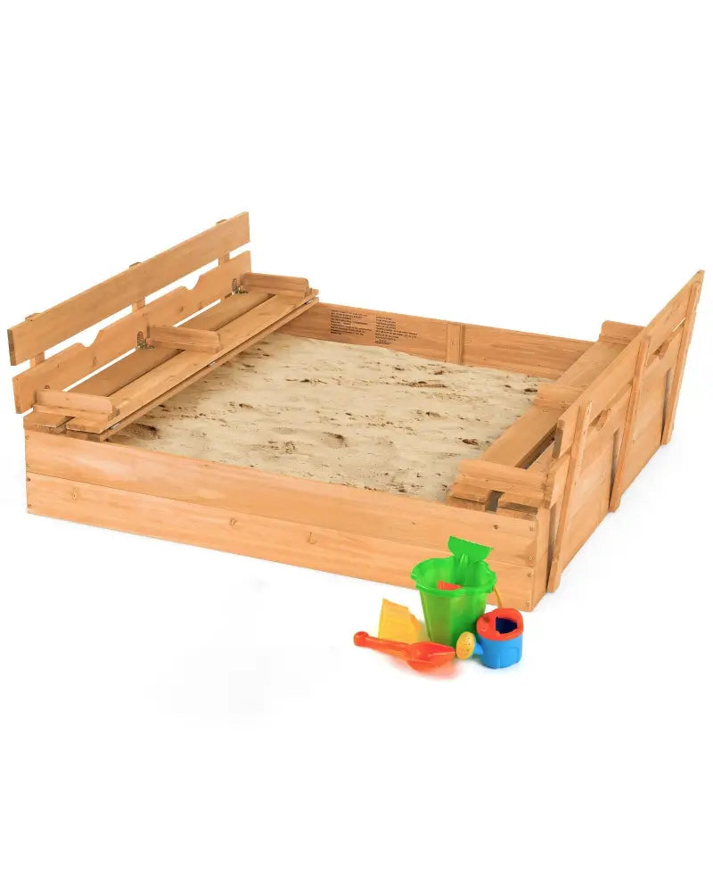 Kids Wooden Sandbox with 2 Foldable Bench Seats - Brown - Sandboxes