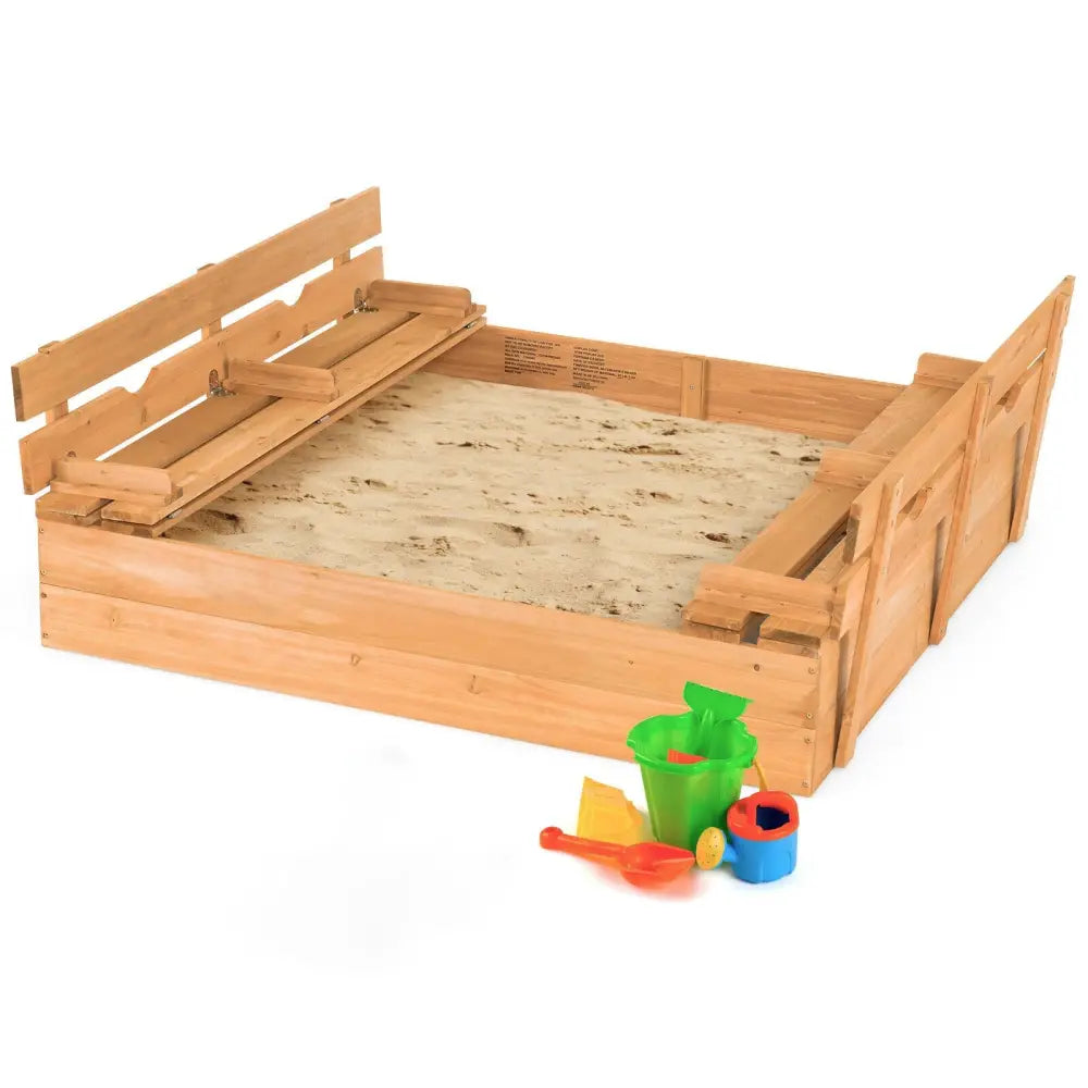Kids Wooden Sandbox with 2 Foldable Bench Seats - Brown - Sandboxes