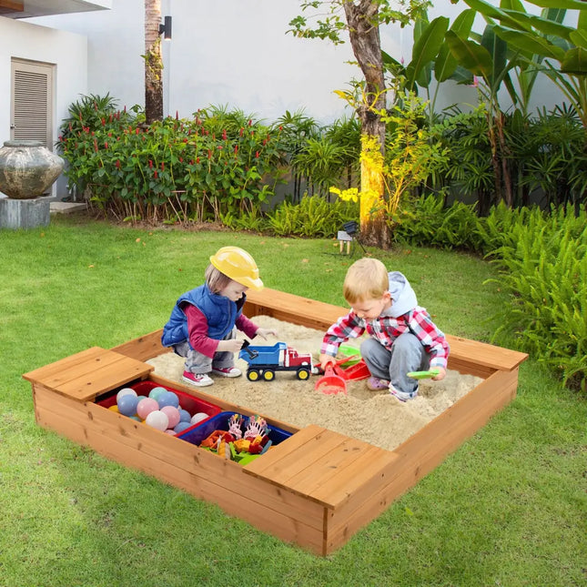 Kids Wooden Sandbox with Bench Seats and Storage Boxes - Natural - Sandboxes