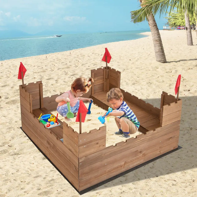 Kids Wooden Sandbox with Bottom Liner and Red Flags - Natural - Sandboxes