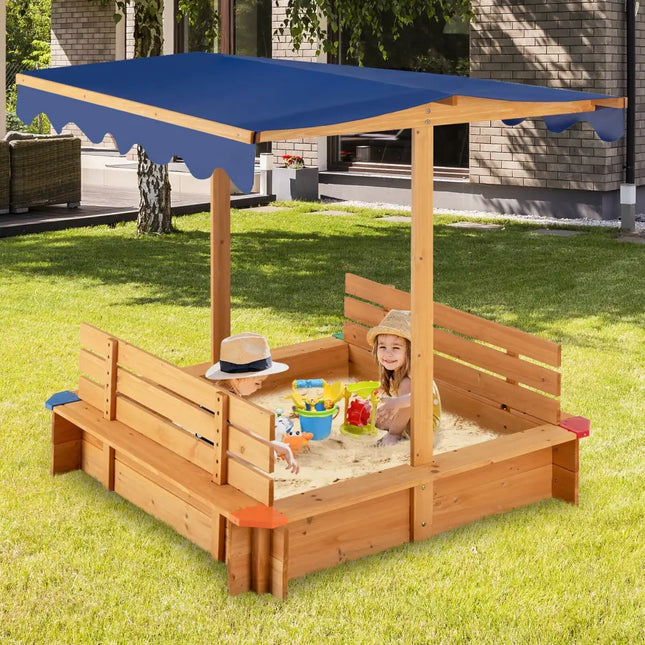 Kids Wooden Sandbox with Canopy and 2 Bench Seats - Natural - Sandboxes