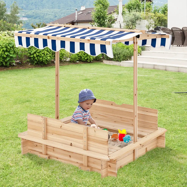 Kids Wooden Sandbox with Canopy and Bench Seats-Blue - Blue - Sandboxes