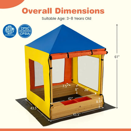 Kids Wooden Sandbox with Canopy Large Sand Pit with Mesh Windows and Bottom Liner-Multicolor - Multicolor - Sandboxes