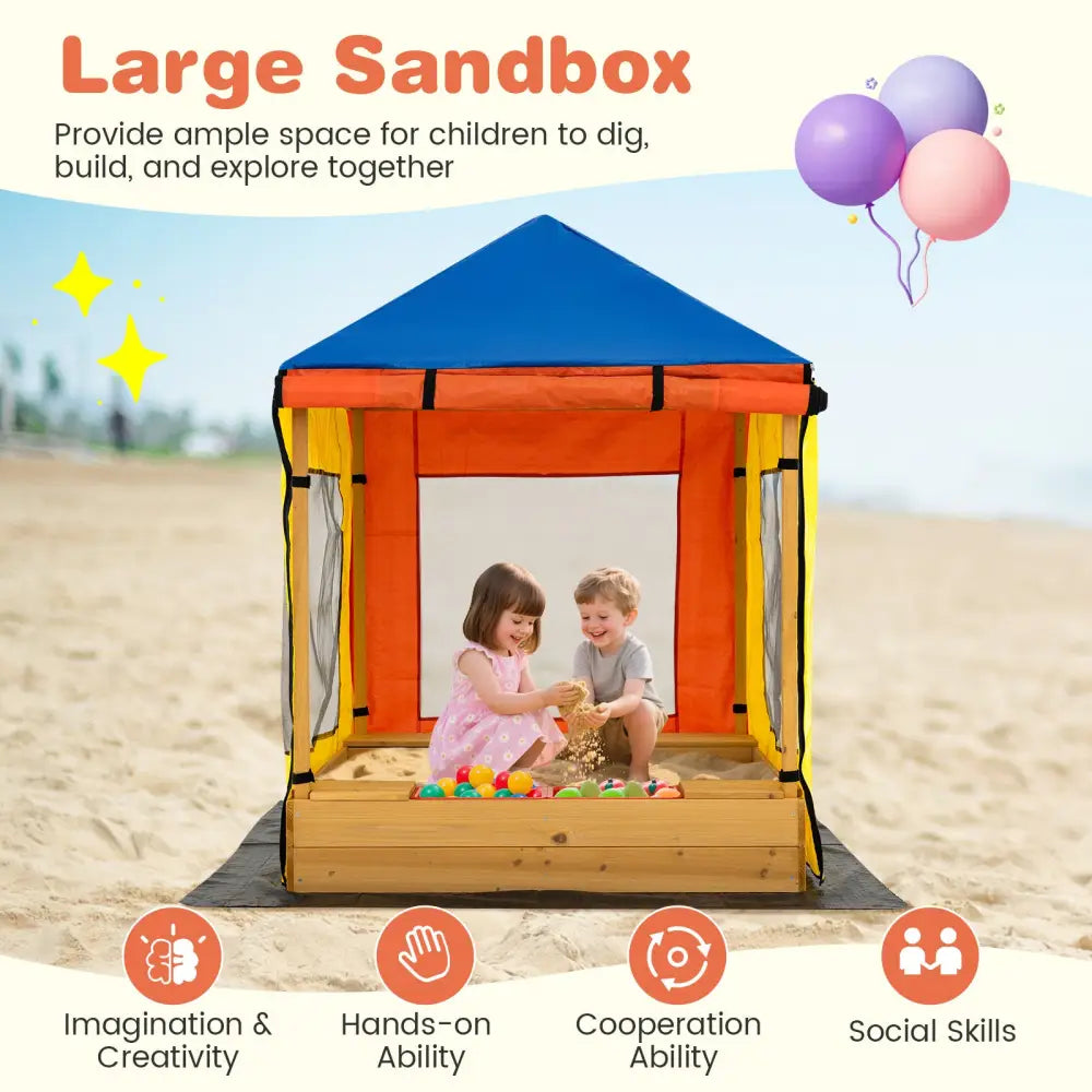 Kids Wooden Sandbox with Canopy Large Sand Pit with Mesh Windows and Bottom Liner-Multicolor - Multicolor - Sandboxes