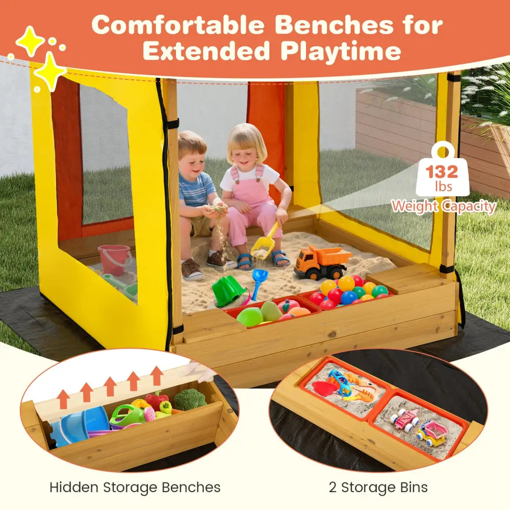 Kids Wooden Sandbox with Canopy Large Sand Pit with Mesh Windows and Bottom Liner-Multicolor - Multicolor - Sandboxes