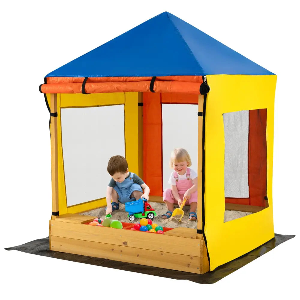 Kids Wooden Sandbox with Canopy Large Sand Pit with Mesh Windows and Bottom Liner-Multicolor - Multicolor - Sandboxes