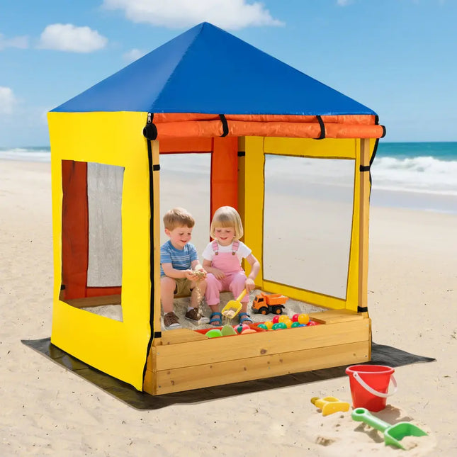 Kids Wooden Sandbox with Canopy Large Sand Pit with Mesh Windows and Bottom Liner-Multicolor - Multicolor - Sandboxes