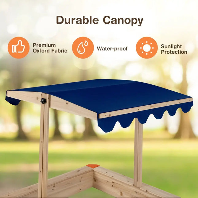 Kids Wooden Sandbox with Height Adjustable and Rotatable Canopy Outdoor Playset - Natural - Sandboxes
