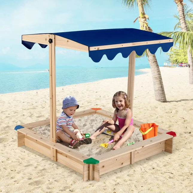Kids Wooden Sandbox with Height Adjustable and Rotatable Canopy Outdoor Playset - Natural - Sandboxes