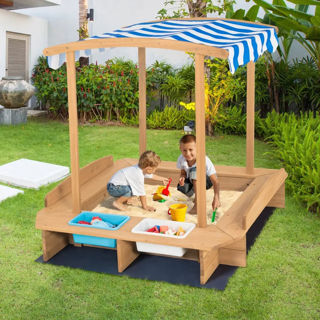 Kids Wooden Sandbox with Striped Canopy - Brown - Sandboxes