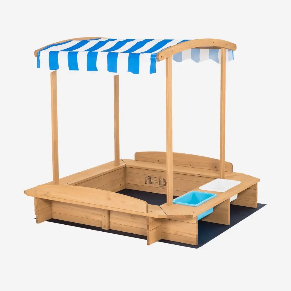 Kids Wooden Sandbox with Striped Canopy - Brown - Sandboxes