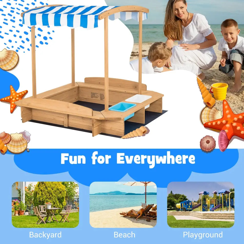Kids Wooden Sandbox with Striped Canopy - Brown - Sandboxes