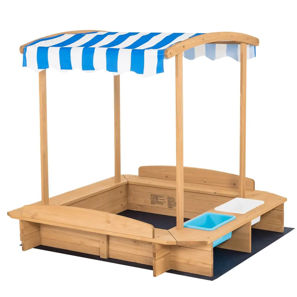 Kids Wooden Sandbox with Striped Canopy - Brown - Sandboxes