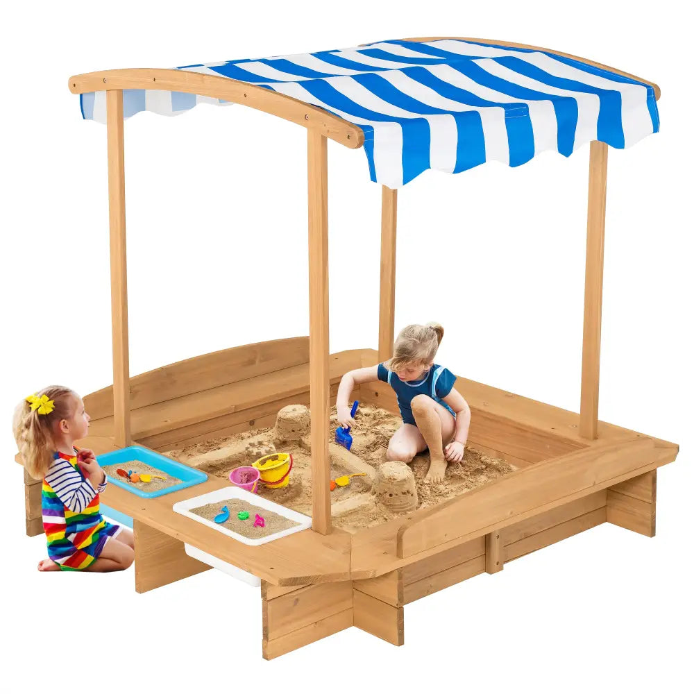 Kids Wooden Sandbox with Striped Canopy - Brown - Sandboxes