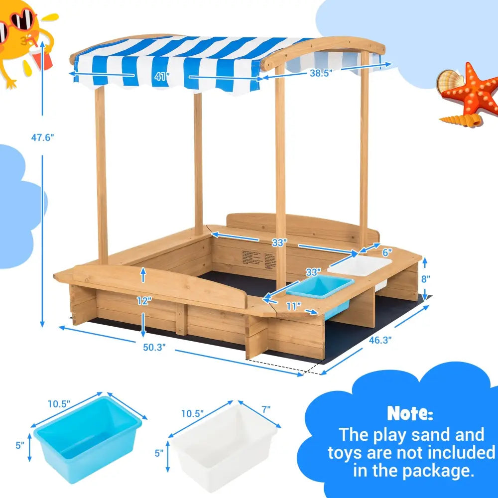 Kids Wooden Sandbox with Striped Canopy - Brown - Sandboxes