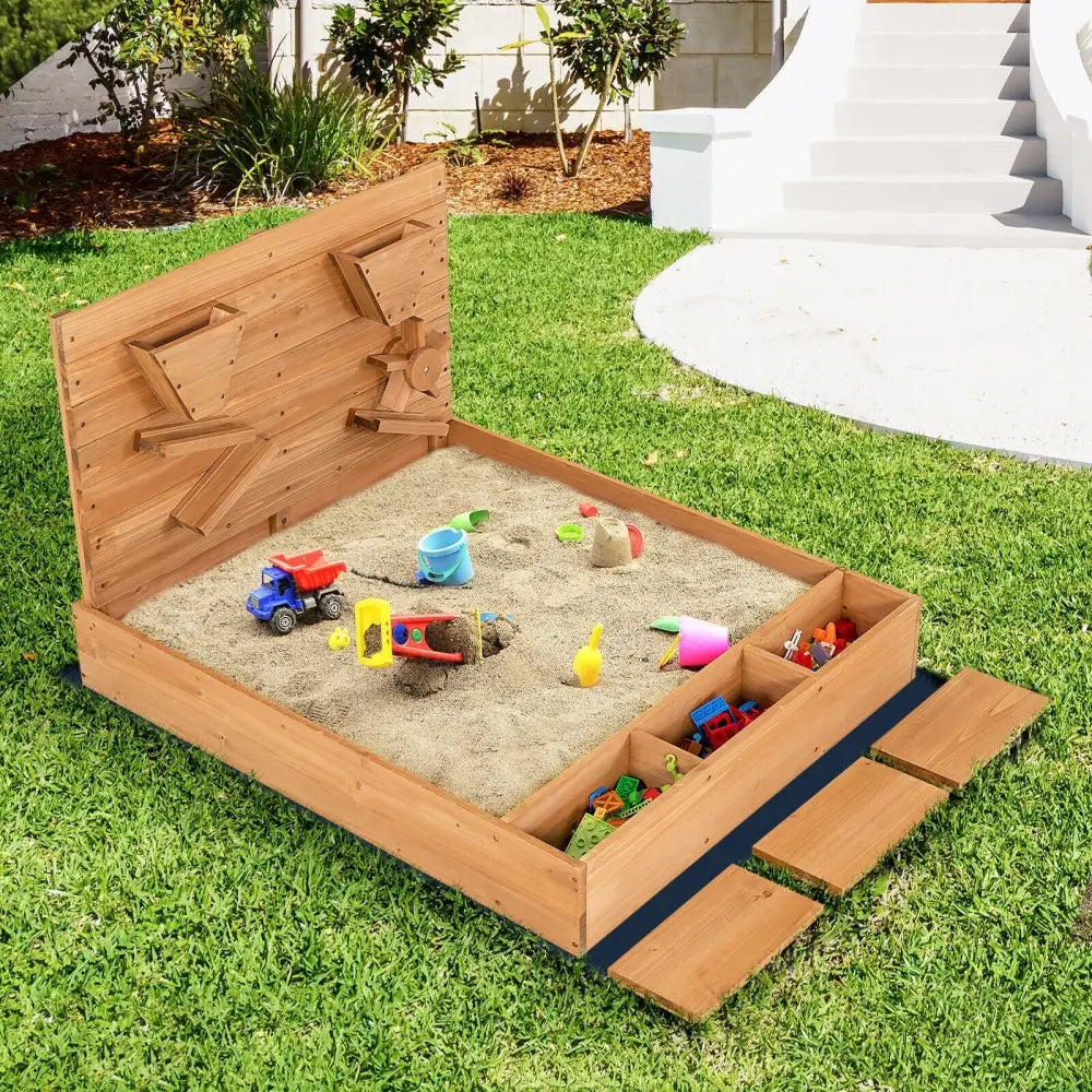Kids Wooden Square Sandbox with Cover - Brown - Sandboxes