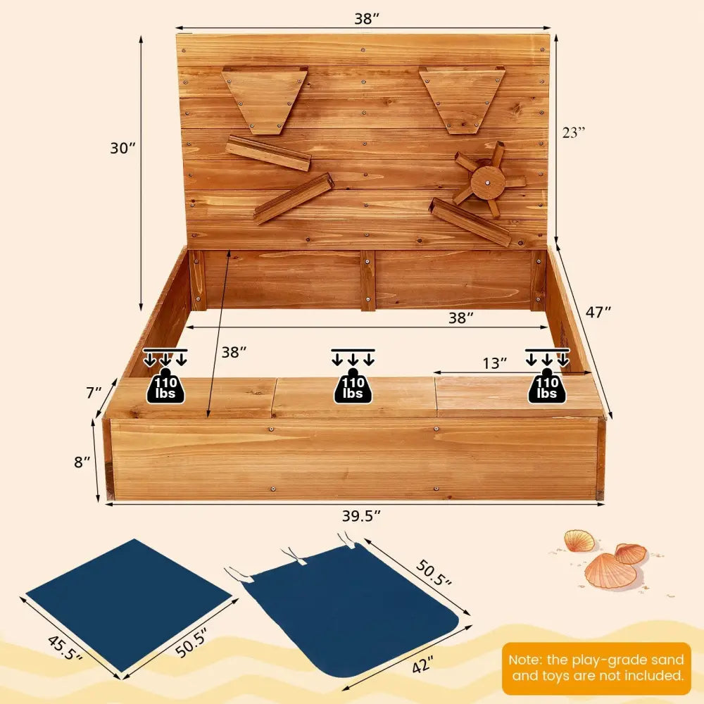Kids Wooden Square Sandbox with Cover - Brown - Sandboxes