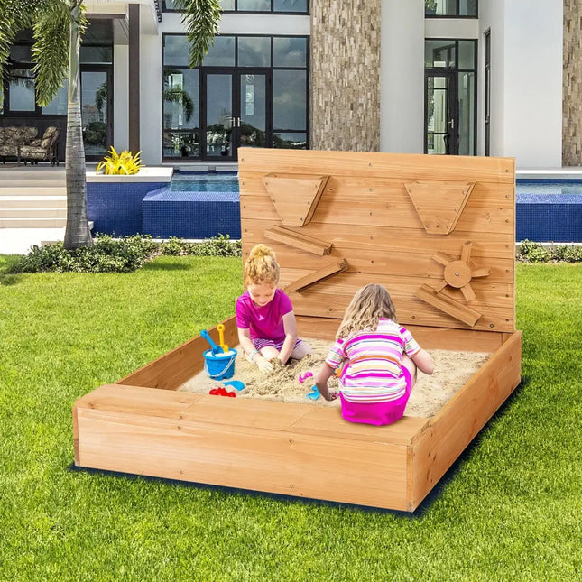 Kids Wooden Square Sandbox with Cover - Brown - Sandboxes