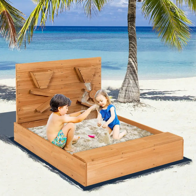 Kids Wooden Square Sandbox with Cover - Brown - Sandboxes