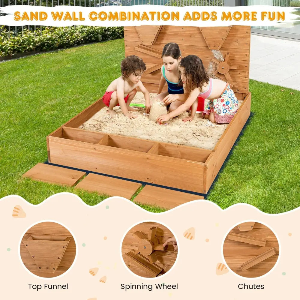 Kids Wooden Square Sandbox with Cover - Brown - Sandboxes