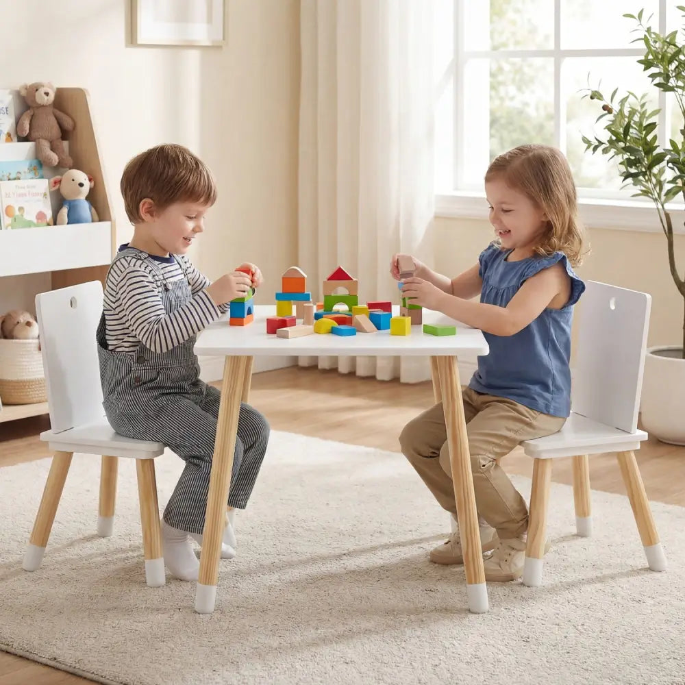 Kids Wooden Table and 2 Chairs Set-White - White - Kids Table & Chair Sets