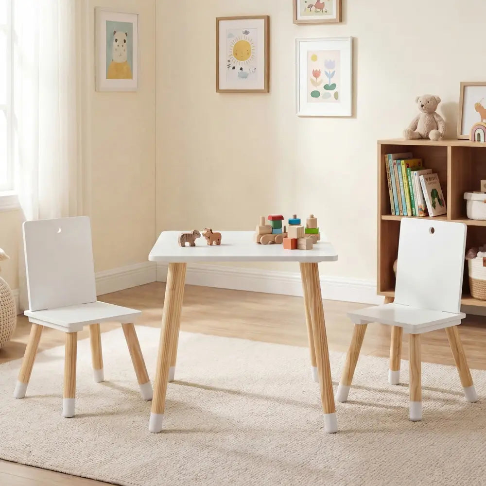 Kids Wooden Table and 2 Chairs Set-White - White - Kids Table & Chair Sets