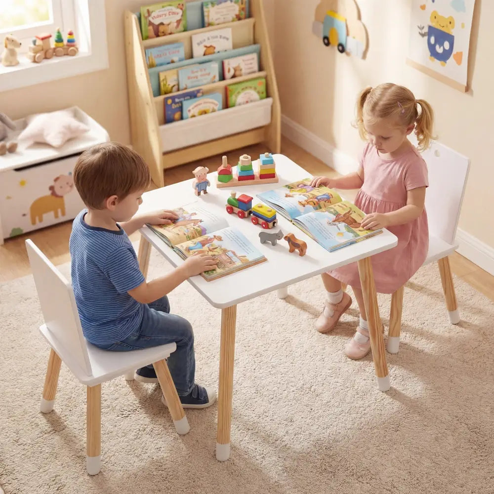 Kids Wooden Table and 2 Chairs Set-White - White - Kids Table & Chair Sets